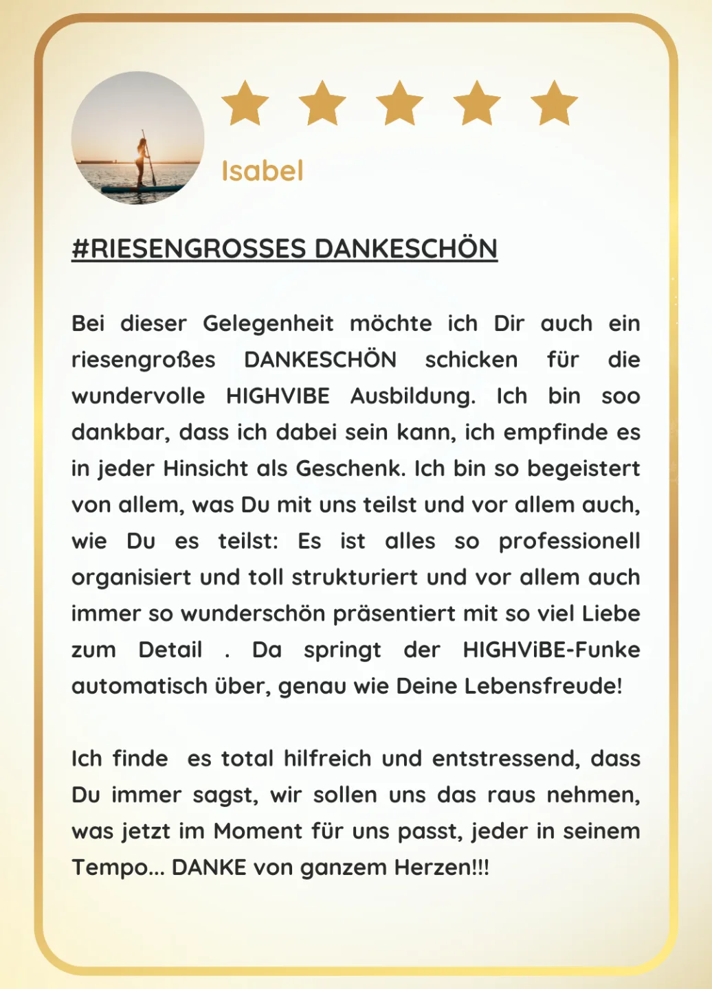 Fünf-Sterne-Bewertung von Isabel zur High Vibe Ausbildung mit Sonnenuntergang-Profilbild