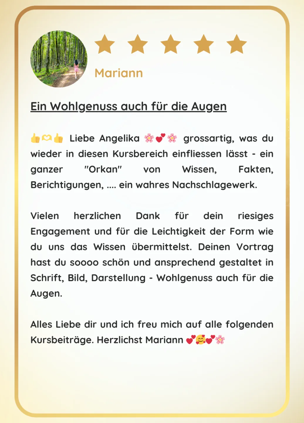 Fünf-Sterne-Bewertung von Mariann zur High Vibe Ausbildung mit Waldweg-Profilbild