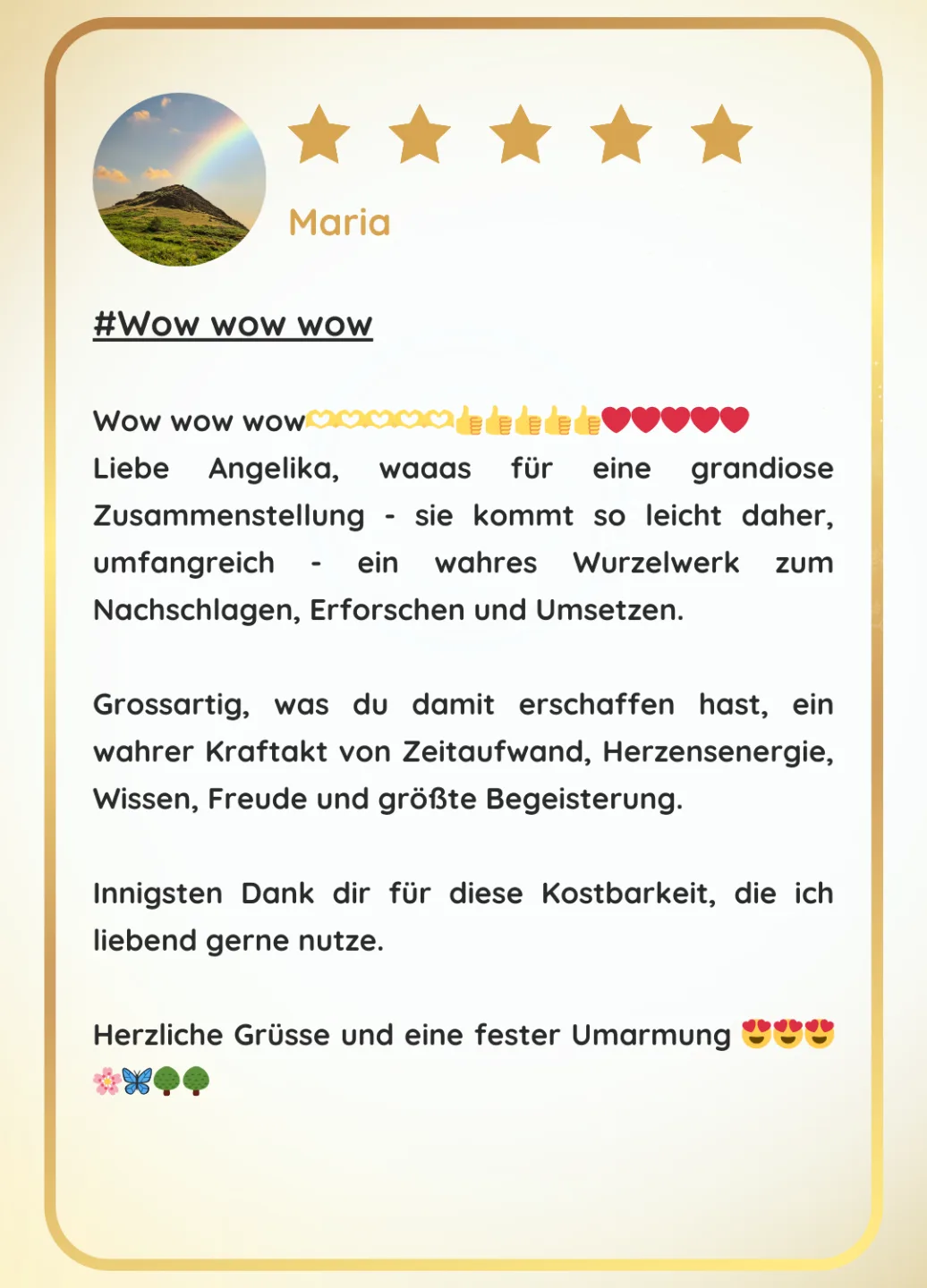 Fünf-Sterne-Bewertung von Maria zur High Vibe Ausbildung mit Berglandschaft-Profilbild