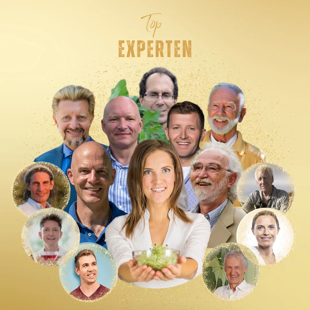 Collage mit Angelika Fürstler und zehn Experten-Porträts um zentraler Frau mit Pflanze