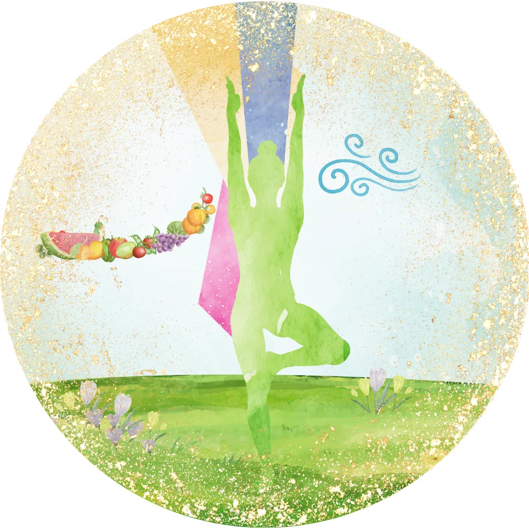 Illustration einer Frau in grünem Yoga-Outfit hält Früchte und Gemüse, abstrakt mit Glittereffekt