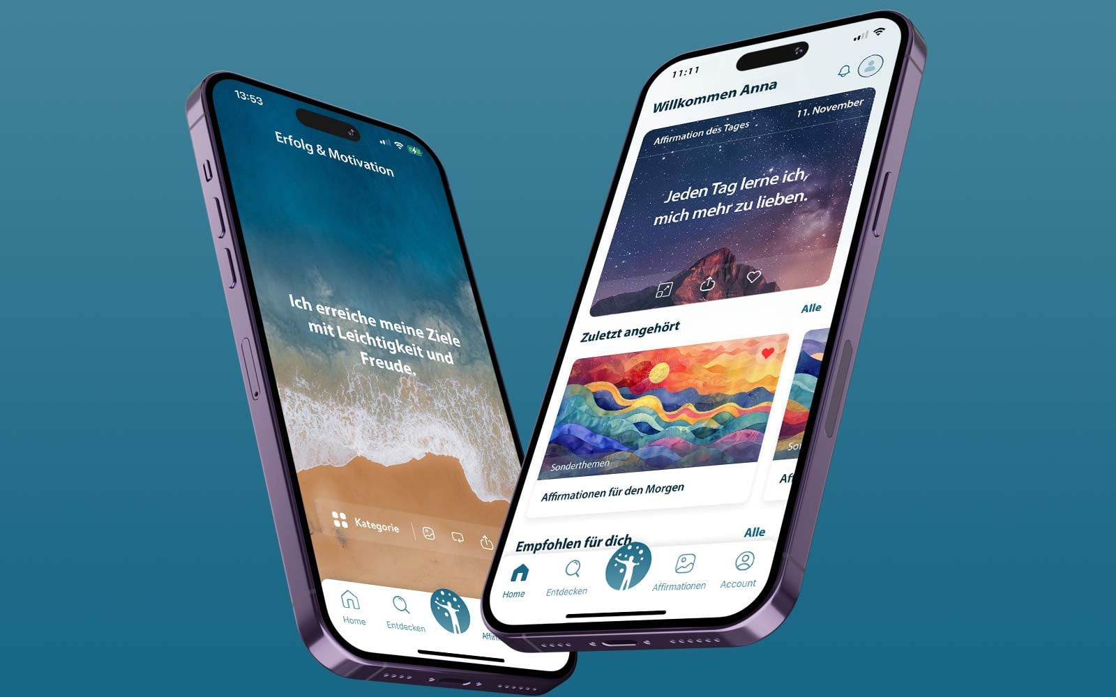 HighEnergyMind App Interface mit zwei Smartphones zeigt Affirmationen und personalisierte Inhalte