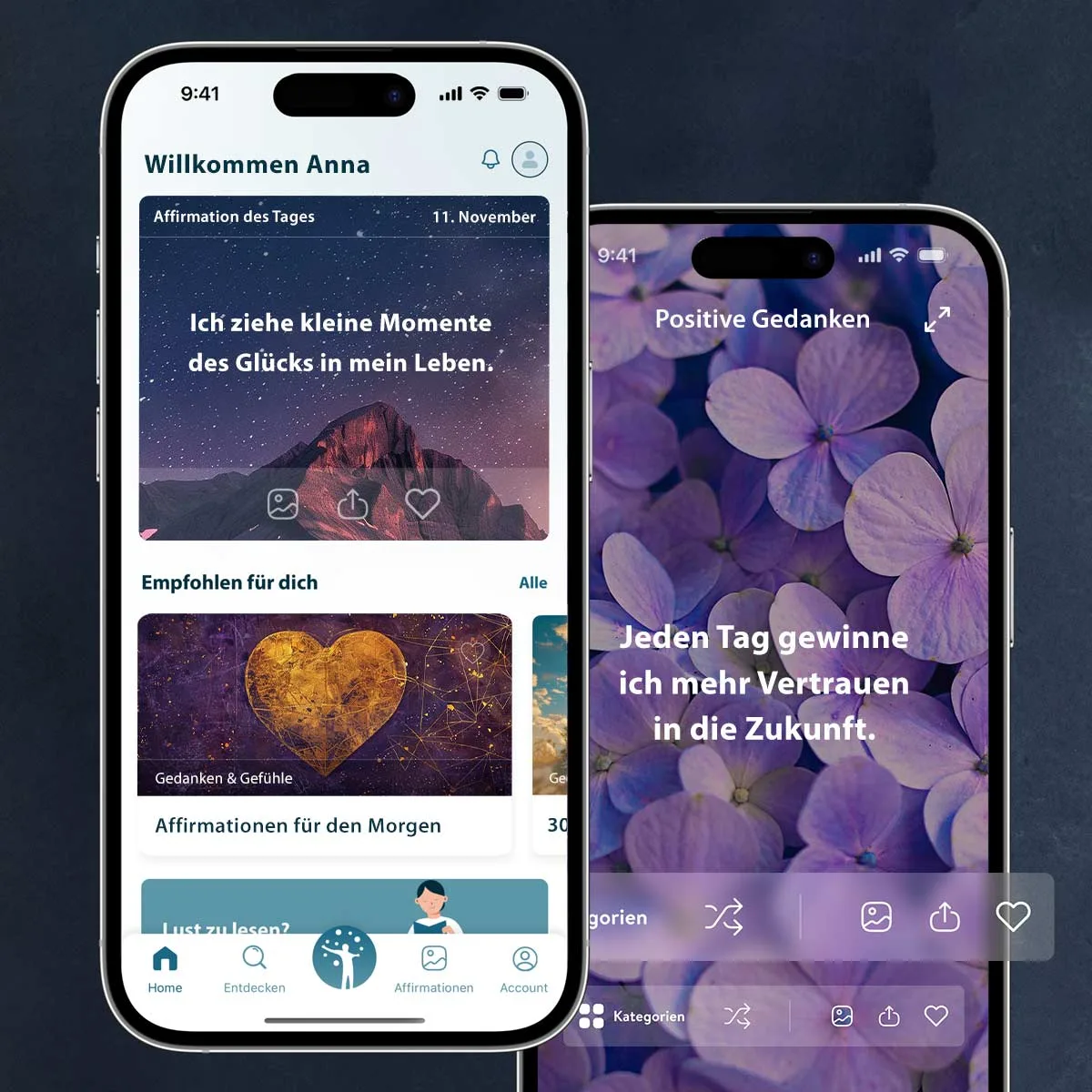 HighEnergyMind App Startbildschirm mit Affirmationen und Kategorien auf zwei Smartphones
