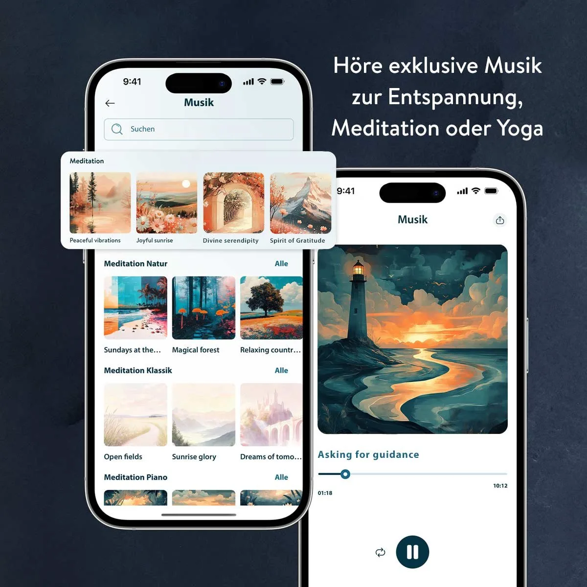 HighEnergyMind App Mockup zeigt Musik-Sektion mit Meditationen und Audio-Player