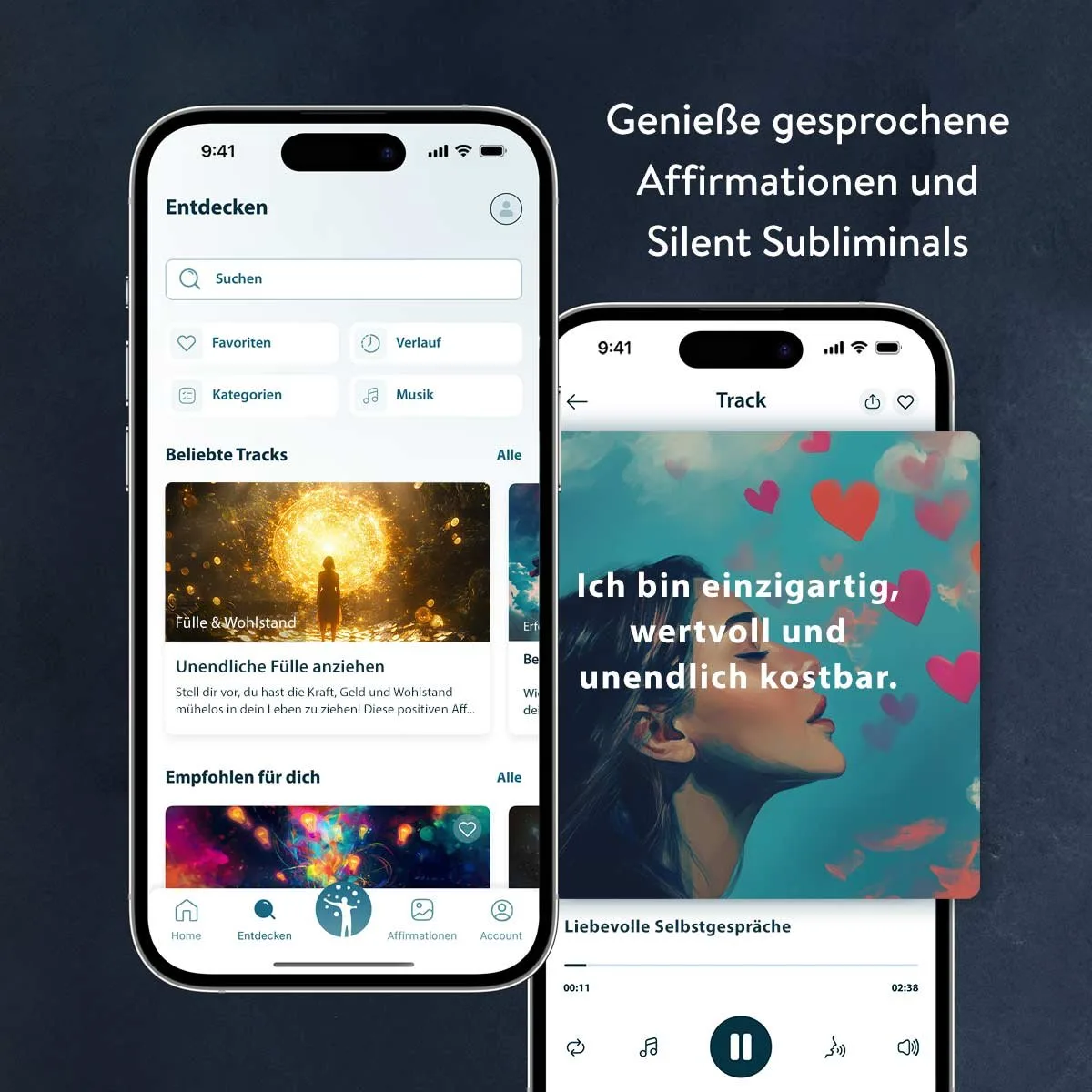 HighEnergyMind App Mockup zeigt Entdecken-Seite und Track-Player mit Affirmationen
