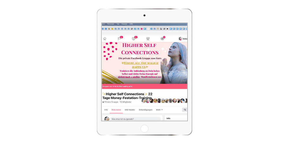 Tablet-Screenshot Private Facebook-Gruppe Higher Self Connections