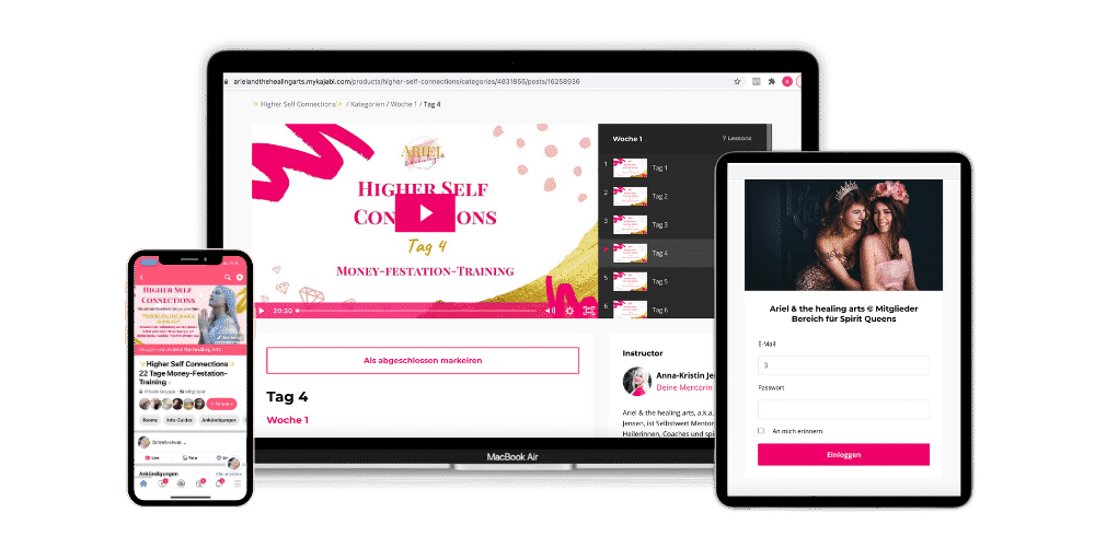 Multi-Device-Mockup mit Kursmodul auf Smartphone, Tablet und Desktop