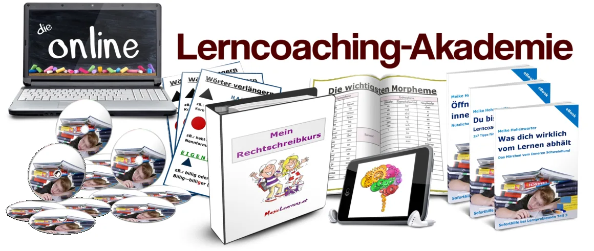 Lerncoaching-Akademie Produktabbildung mit Laptop, DVDs, Kursmaterialien und Tablet