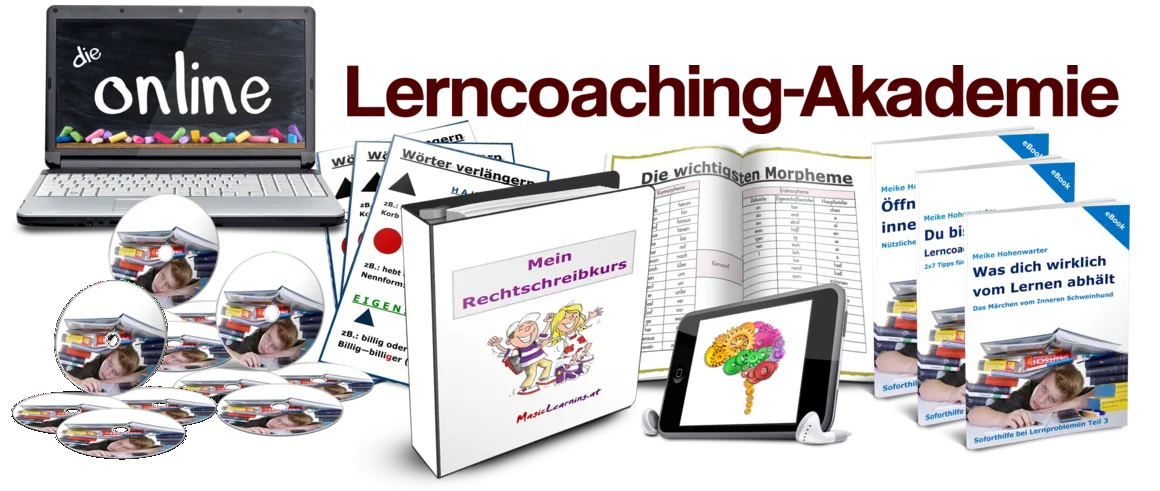 Lerncoaching-Akademie Produktabbildung mit Laptop, DVDs, Kursmaterialien und Tablet