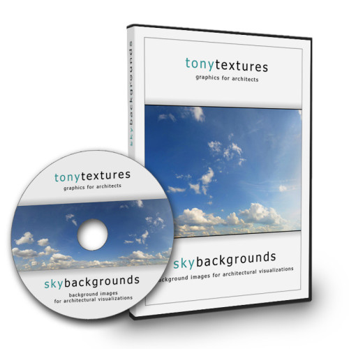 Produktmockup: DVD-Box und Disc der Tonytextures Sky Backgrounds Software