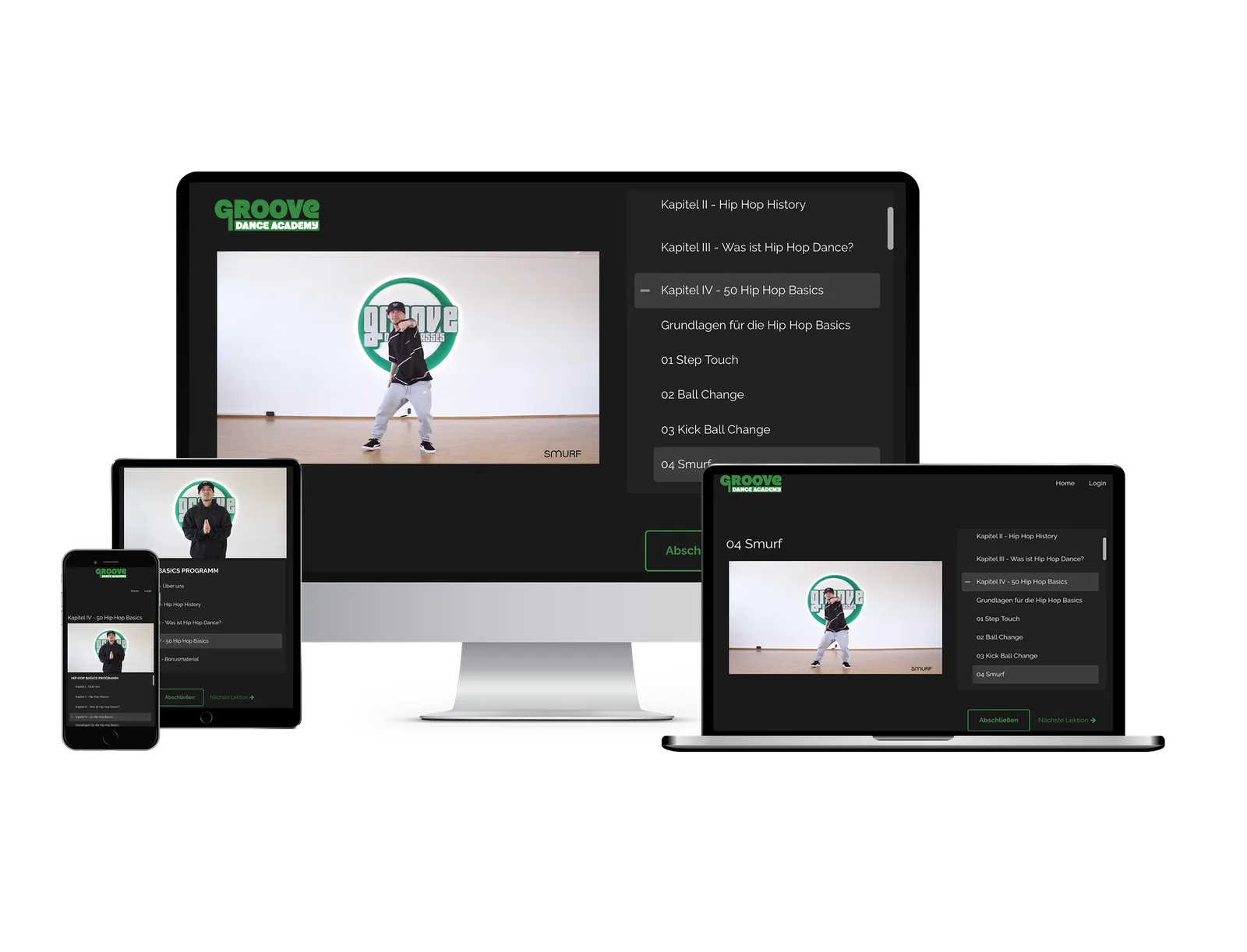Hip Hop Basics – Hip-Hop-Tanzkurs per Video 7 Responsive Mockup des Hip Hop Basics Programms auf Smartphone, Tablet, Laptop und Desktop-Monitor