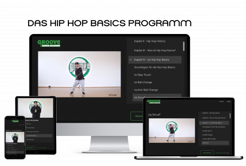 Hip Hop Basics – Hip-Hop-Tanzkurs per Video 1 Produktabbildung des Hip Hop Basics Programms mit Geräte-Mockup und Überschrift, Videokurs Darstellung