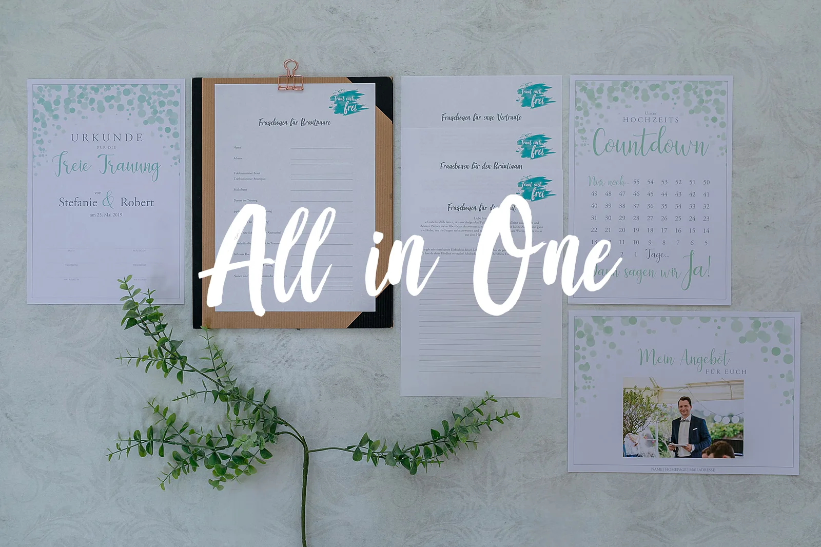 Hochzeits-Countdown – Paket zur Hochzeitsplanung 5 All-in-One Bundle mit Urkunde, Fragebogen, Countdown und Angebot im Überblick