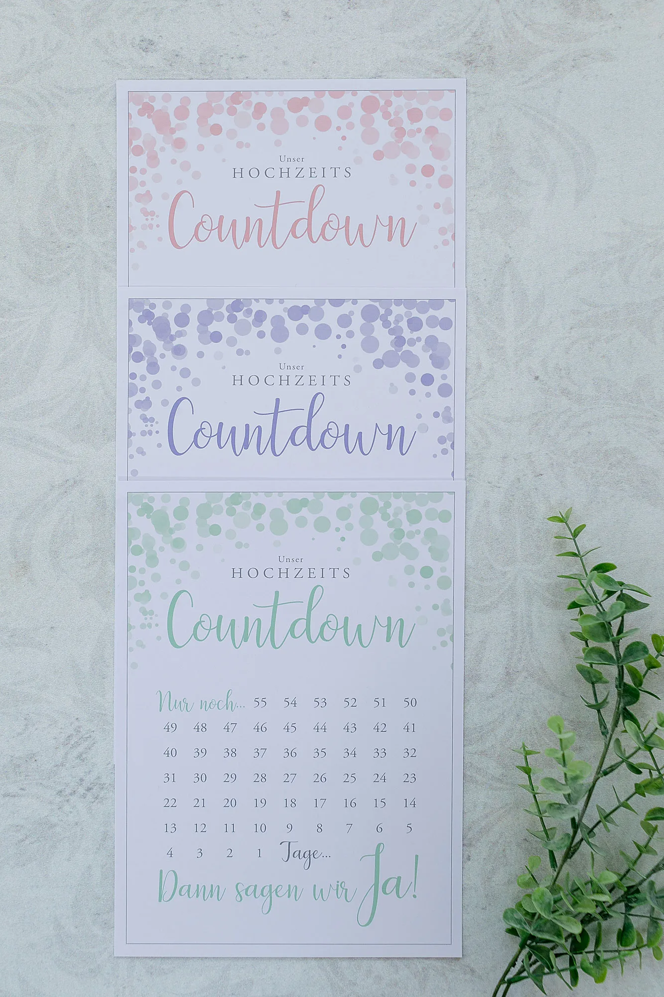 Hochzeits-Countdown – Paket zur Hochzeitsplanung 4 Countdown-Vorlagen in drei Farben vertikal angeordnet zum Drucken