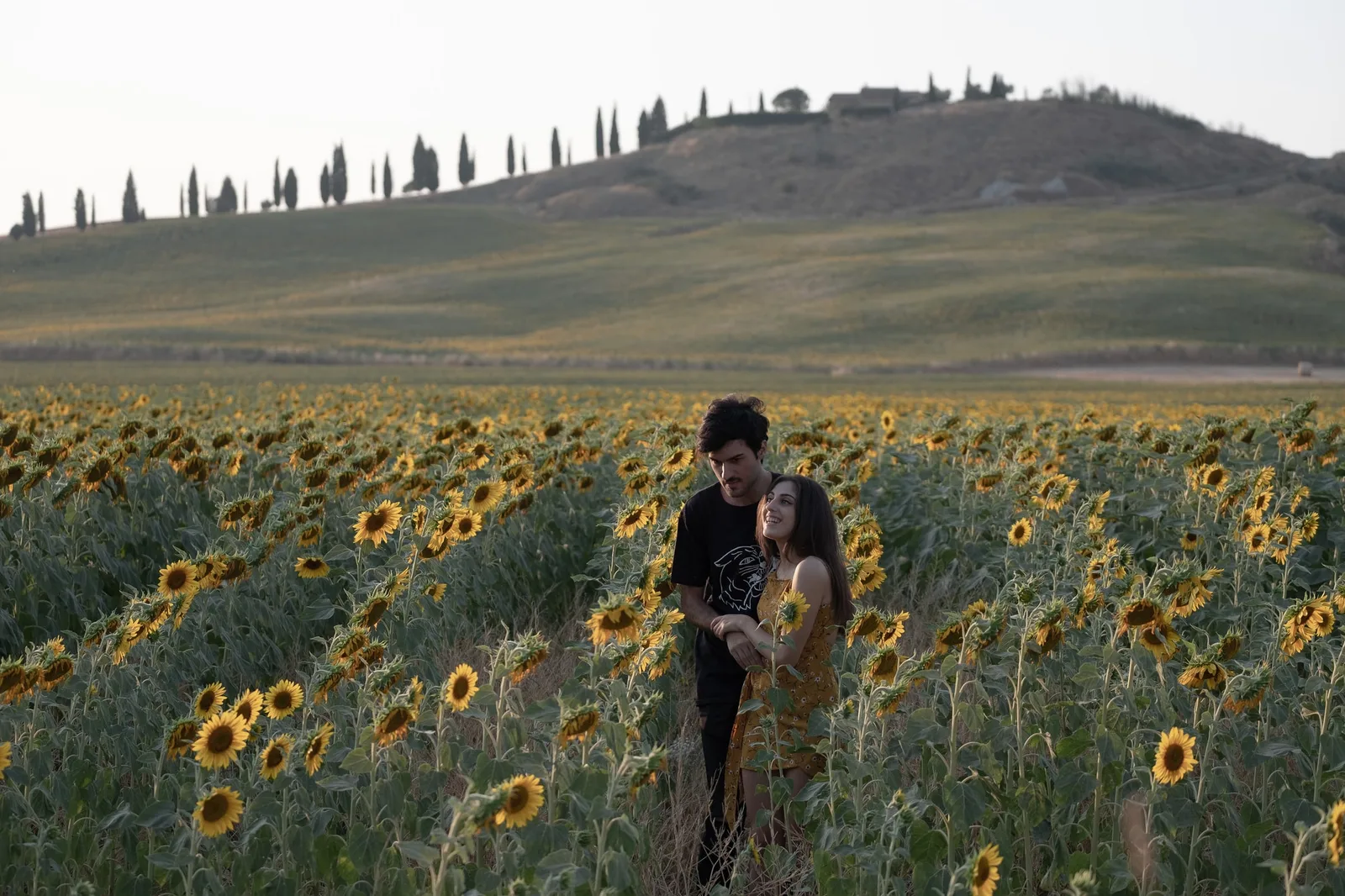 Paar in Sonnenblumenfeld in der Toskana, romantische Hochzeitsfotografie mit Preset-Bearbeitung