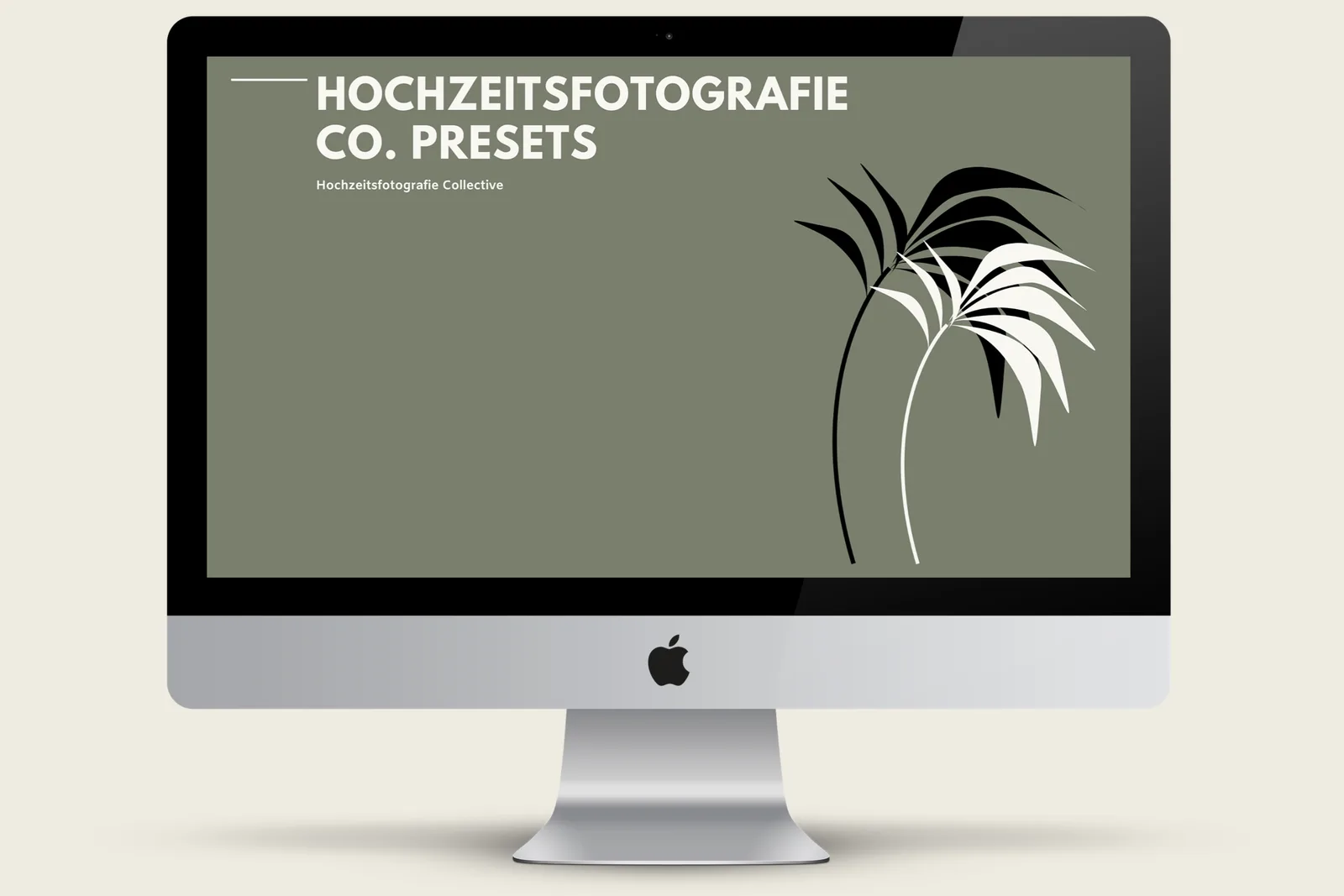 Mockup eines iMac-Bildschirms mit Präsentation der Hochzeitsfotografie Co. Presets, minimalistische Gestaltung mit Pflanzenmo