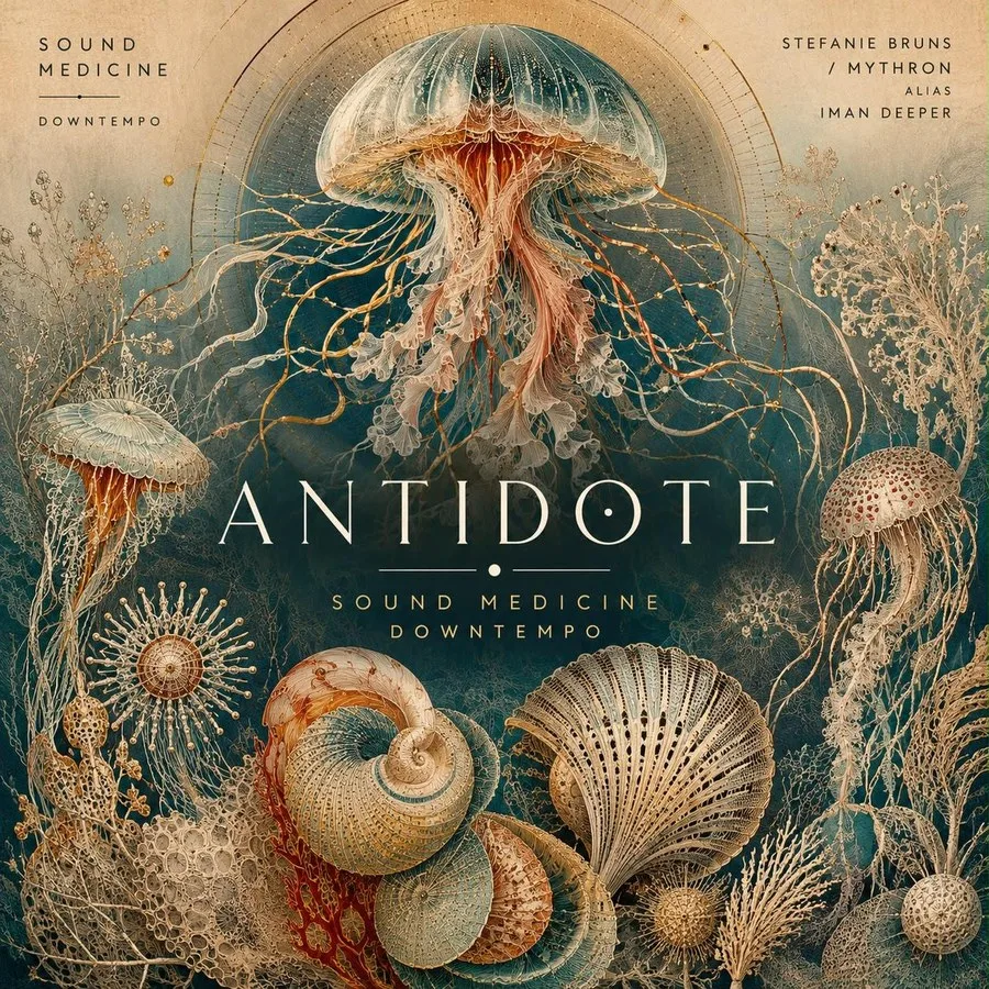 ANTIDOTE Albumcover mit Qualle, Muscheln und botanischen Elementen in Gold und Petrol