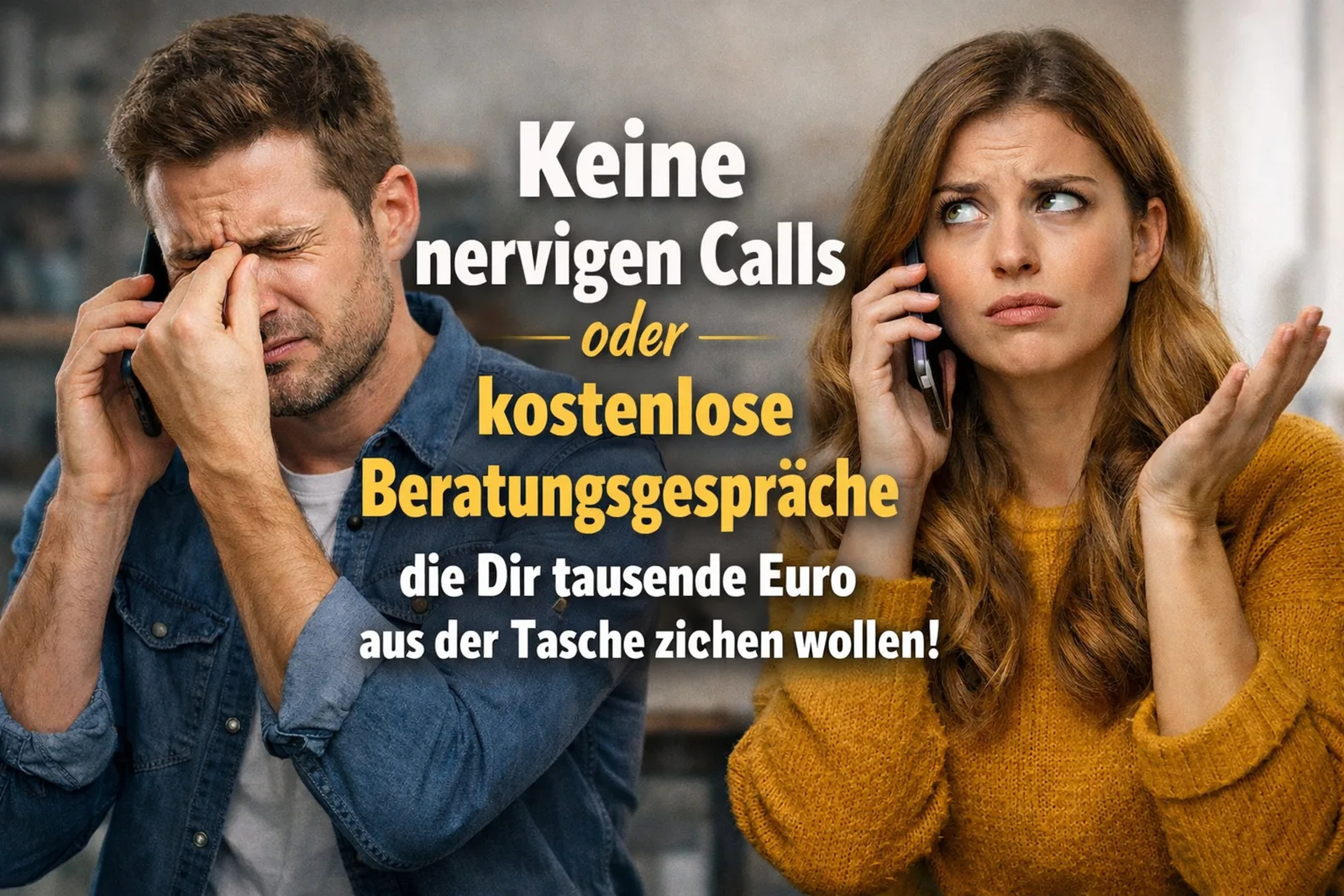 Hörbuchsprecher Ausbildung – Videokurs zum Stimmtraining 3 Mann und Frau telefonieren genervt; Text: Keine nervigen Calls oder kostenlose Beratungsgespräche die Dir tausende Euro aus der Tasche ziehen wollen!