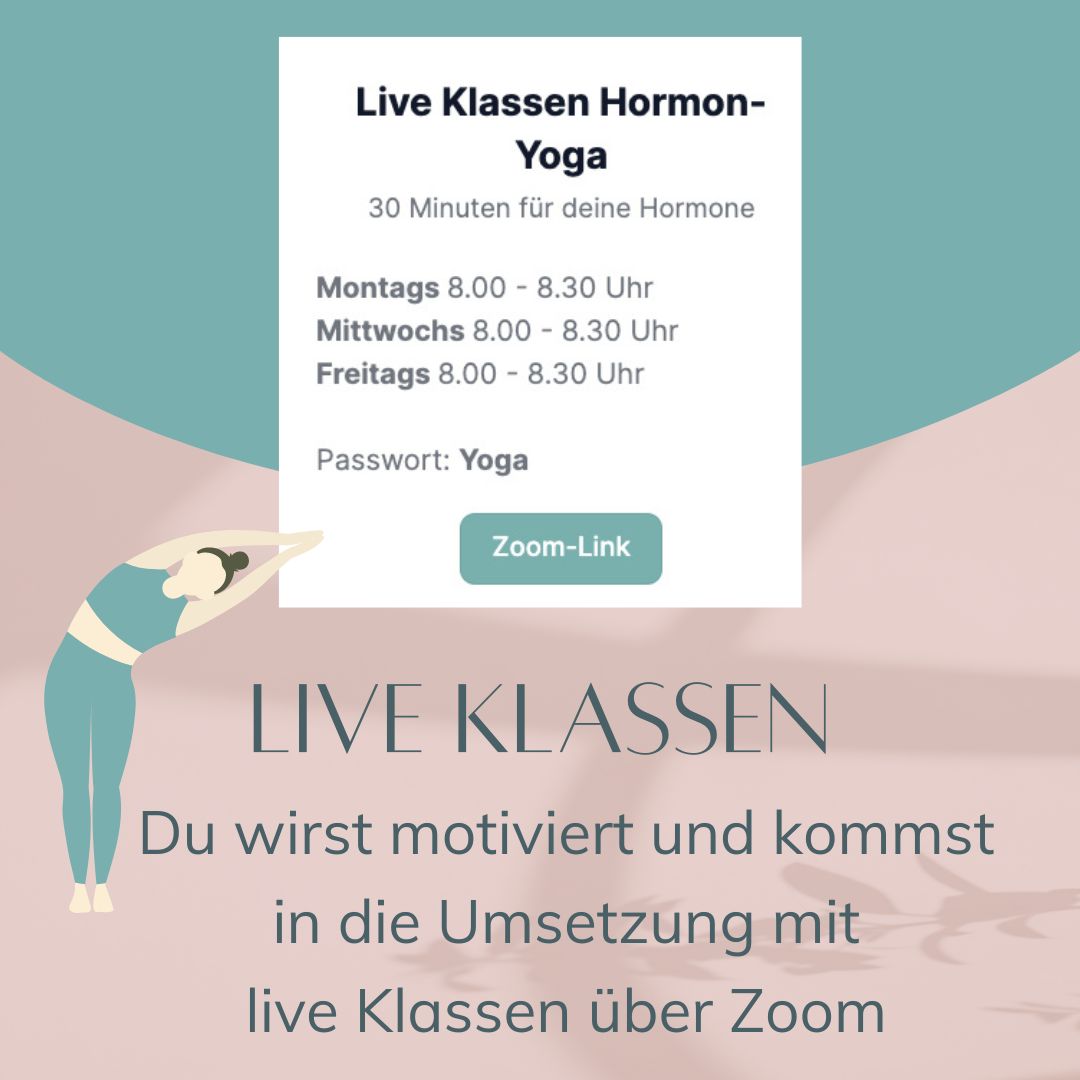 Informationskarte zu Live-Hormon-Yoga Zoom-Klassen mit Zeitangaben und Zugangsdaten