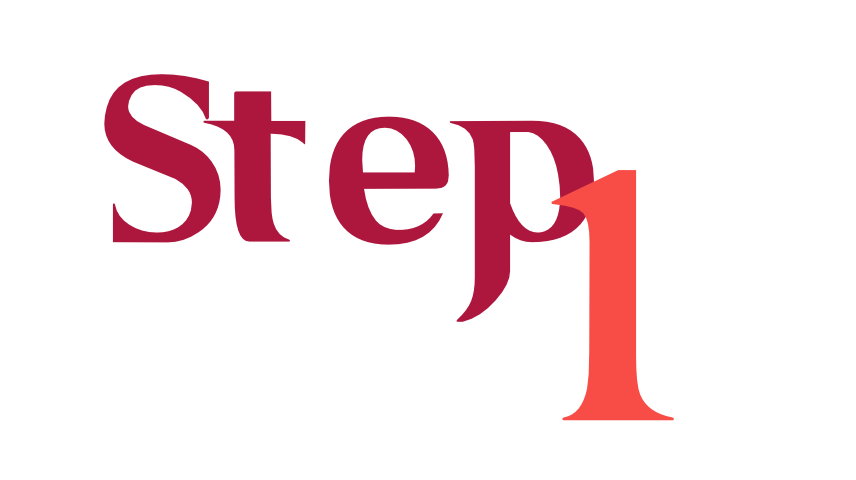 Typographische Grafik "Schritt 1" in Rot und Bordeaux zur Kennzeichnung von Kursmodulen