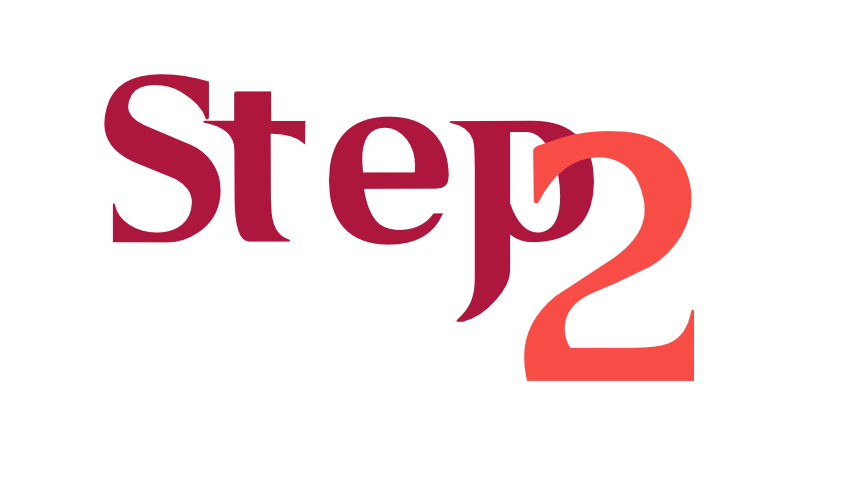 Typographische Grafik "Schritt 2" in Rot und Korallenton zur Kennzeichnung von Kursmodulen