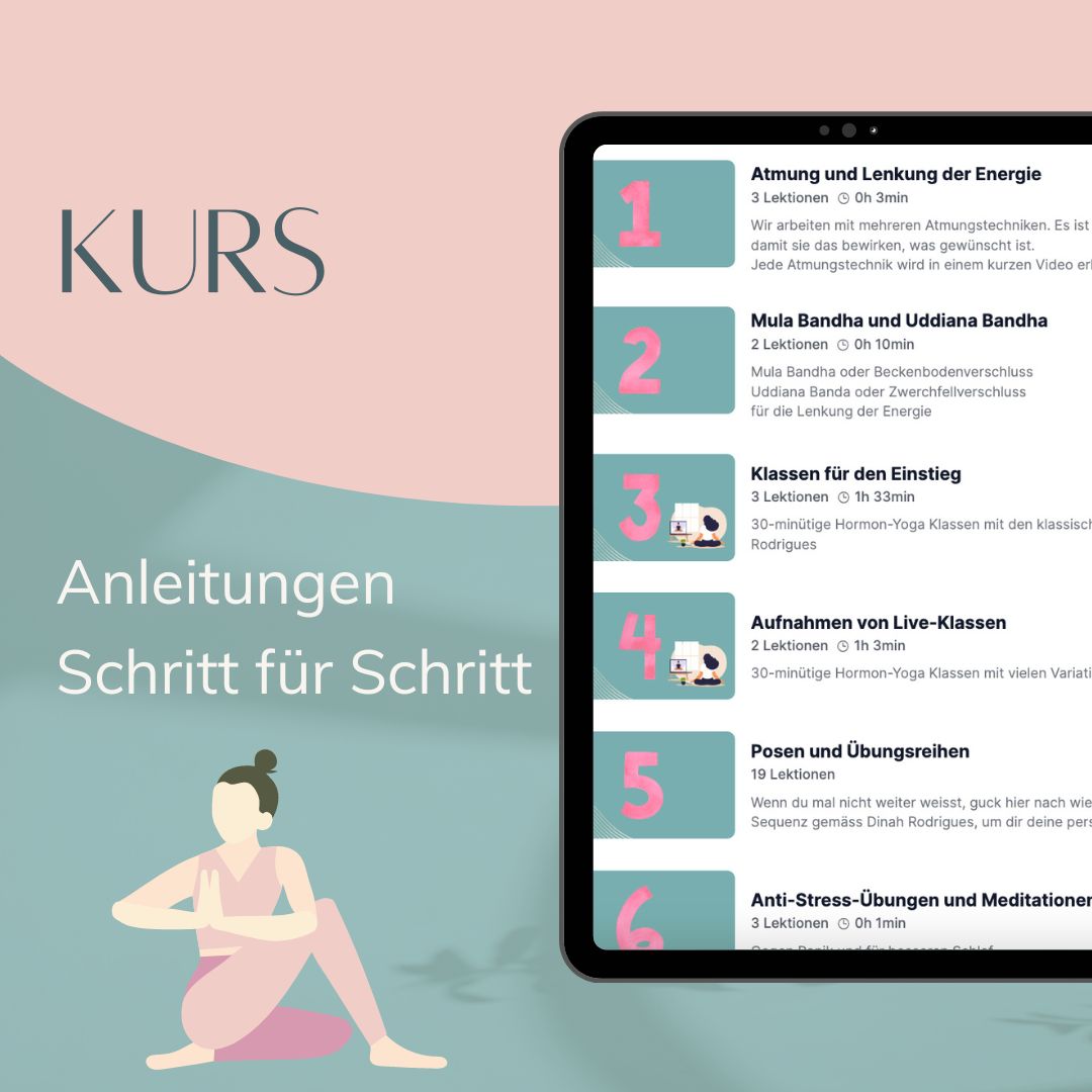 Online-Kurs-Interface mit Kurslektionen zur Hormon-Yoga Ausbildung auf Rosa-Blauem Hintergrund