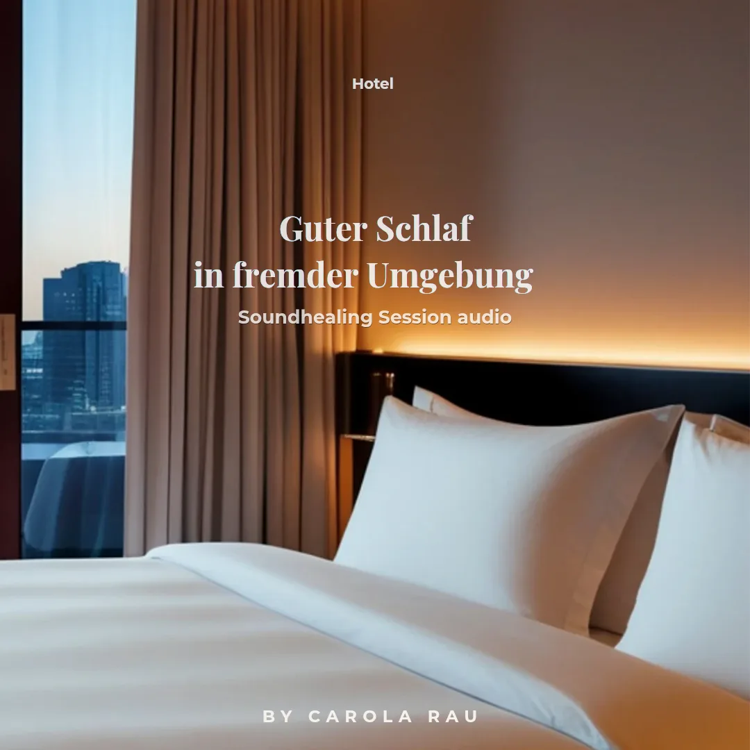 Hotel-Schlafzimmer mit Stadtblick, weißem Bett und braunen Vorhängen bei Sonnenuntergang