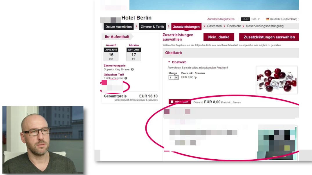 Zusatzleistungen Hotelbuchungsstrecke: Buchungsseite Hotel Berlin mit Zusatzleistungen (Obstkorb) und Preisübersicht, Angebot