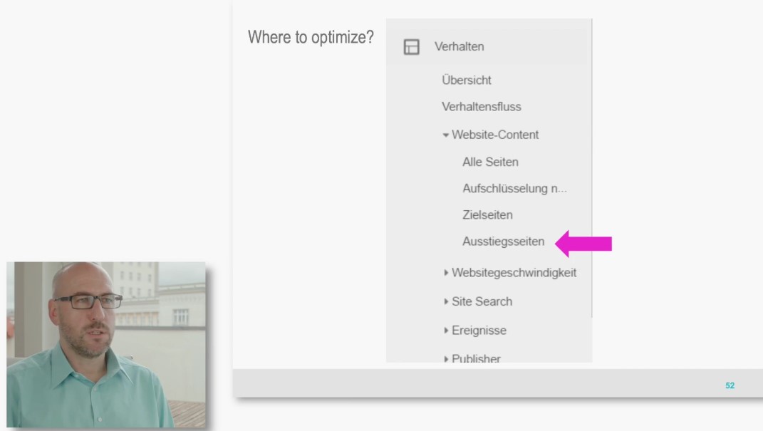 Ausstiegsseiten Hotel Website: Google Analytics Navigationsmenü mit fokussierter Option "Ausstiegsseiten" unter Website-Conte