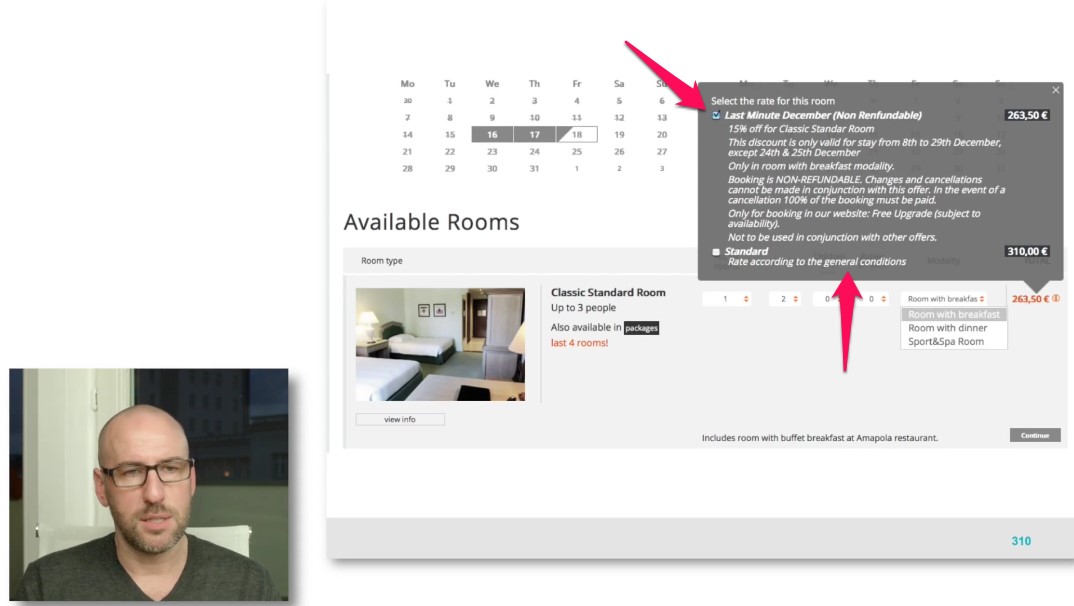 Ratenkommunikation Hotelbuchungsstrecke: Buchungsformular mit Kalender, verfügbaren Zimmern und Ratenkommunikation mit Preisa