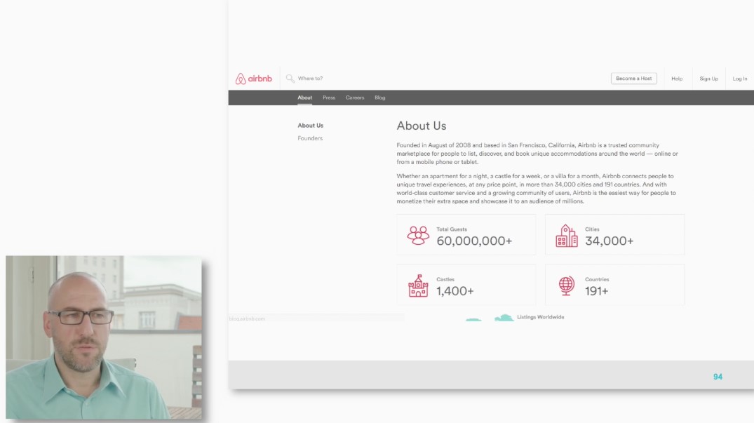 Mann mit Brille vor Airbnb About Us Seite mit Social Proof Statistiken und Ikonen