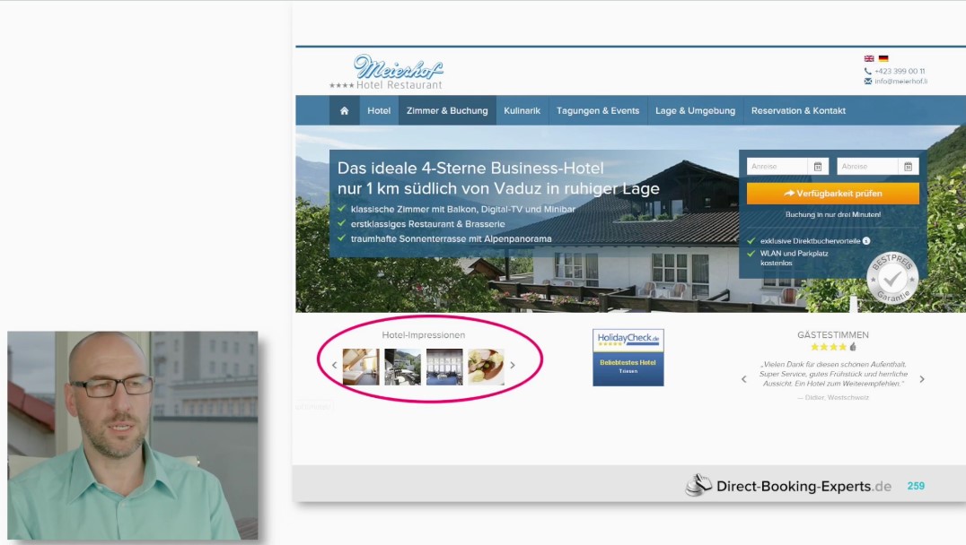 Bildergalerie und Billboard Effekt: Hotel-Website Meierhof mit großem Hero-Image, Bildergalerie mit Hotelimpressionen, Bewert