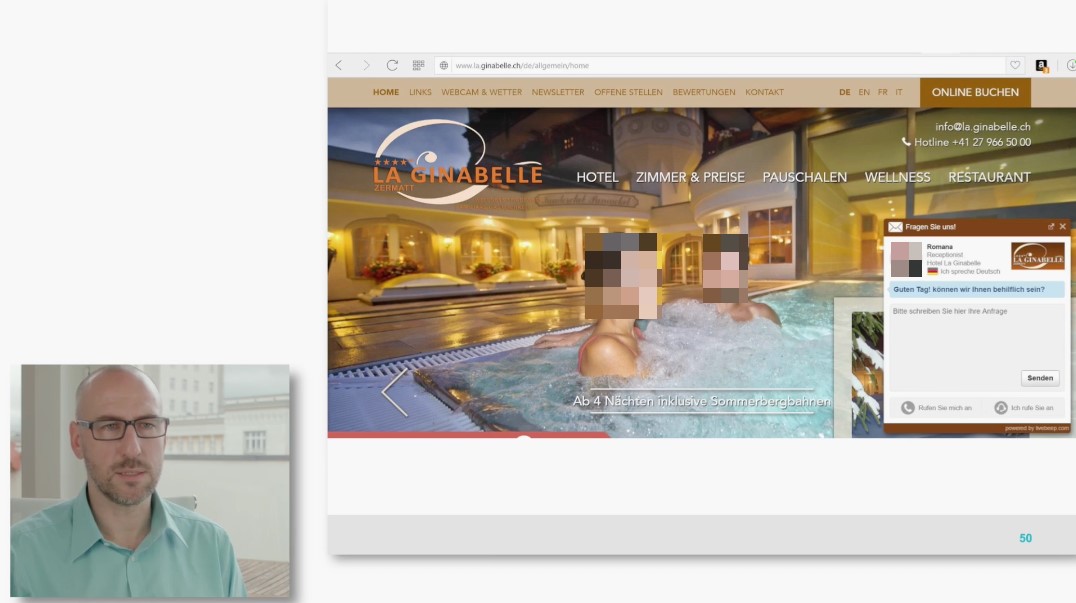 Live Chat Hotel Website: Hotel Ginabelle Website mit Live-Chat-Widget geöffnet, Chatfenster mit Begrüßung "Guten Tag! Können