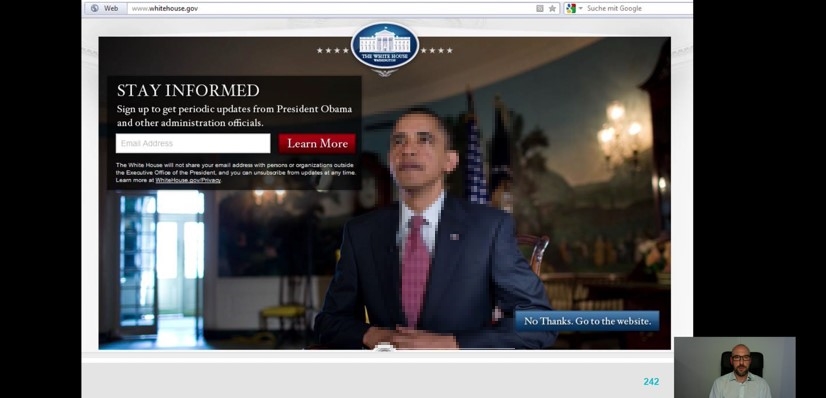 Screenshot von whitehouse.gov Homepage mit Obama-Video und Stay Informed Call-to-Action
