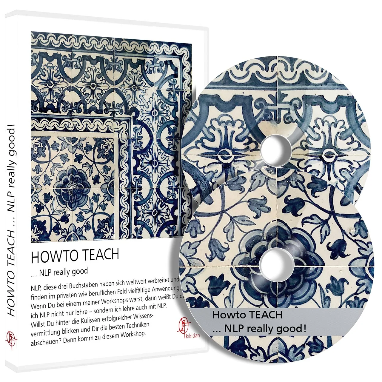 Produktmockup mit Buch und DVD zur How-to TEACH Serie, Blauweiße Fliesen-Design