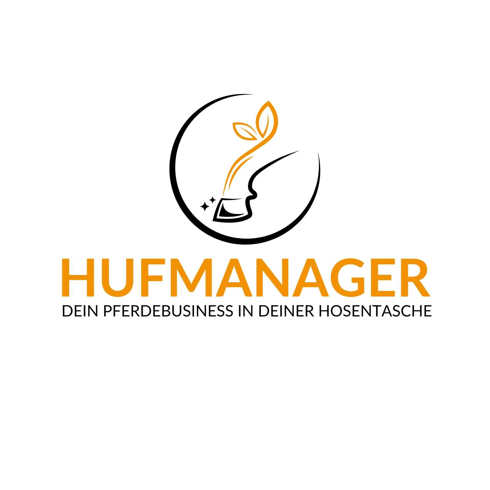 HufManager Logo mit Hufeisen, Pinsel und Blatt-Symbol, Tagline Pferdebusiness