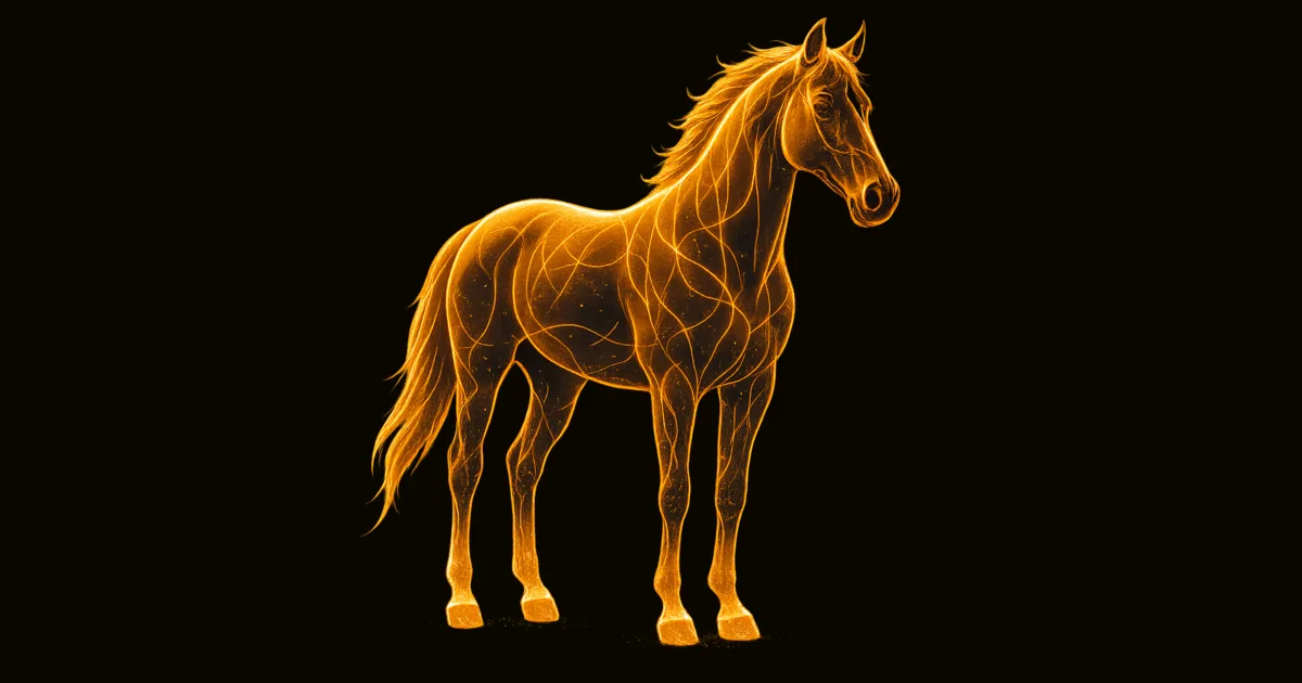 Goldenes Pferd mit Anatomie-Linien auf schwarzem Hintergrund, HufManagerOS v1.0 Logo