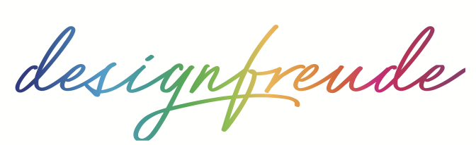 Designfreude Logo in Regenbogenfarben mit Handschrift-Schriftzug