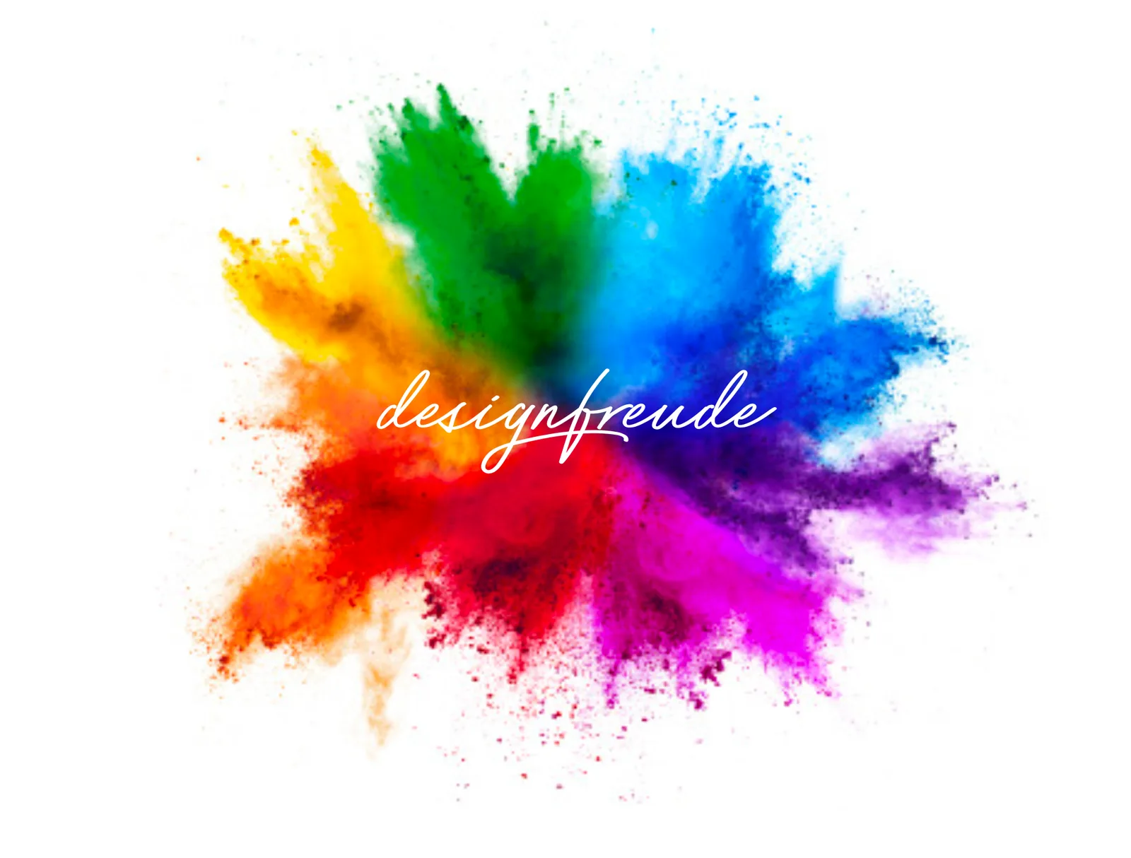 Designfreude Logo mit Regenbogen-Farbexplosion auf weißem Grund