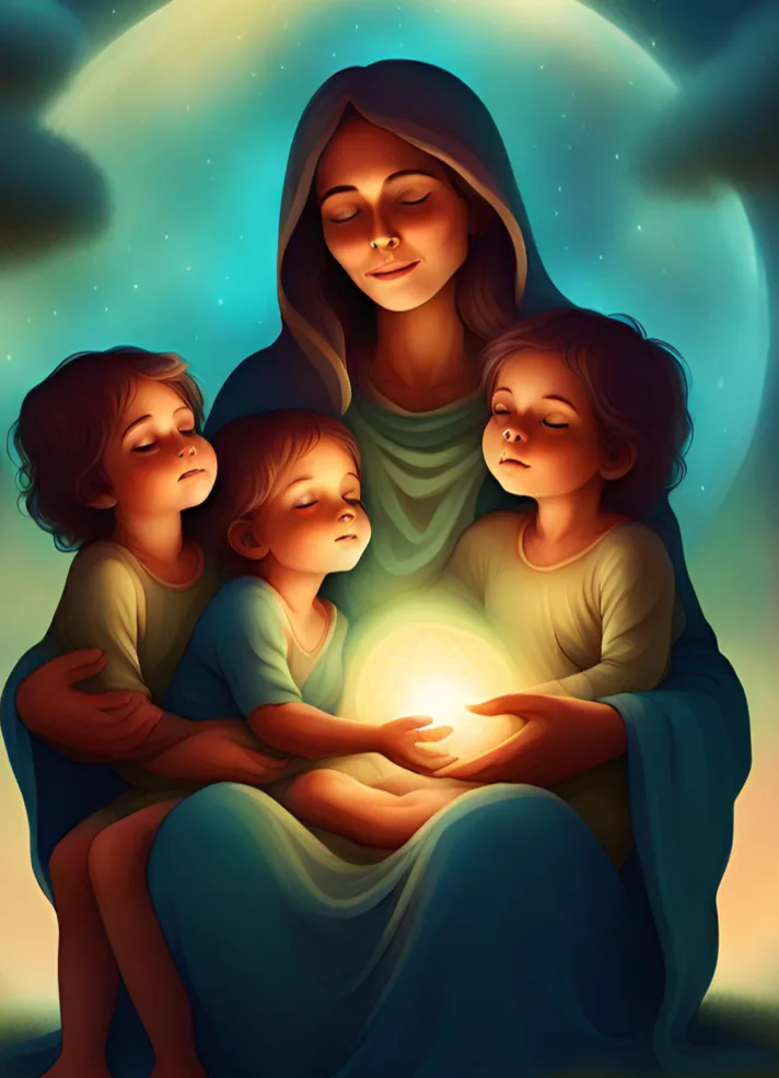 Mutter mit drei Kindern in warmem Licht, spirituelle Illustration