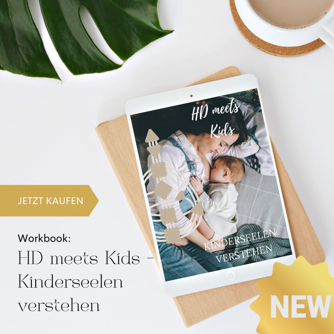 Werbung für HD meets Kids Workbook auf Tablet mit grüner Pflanze, Kaffeetasse und Yellow Promo-Button