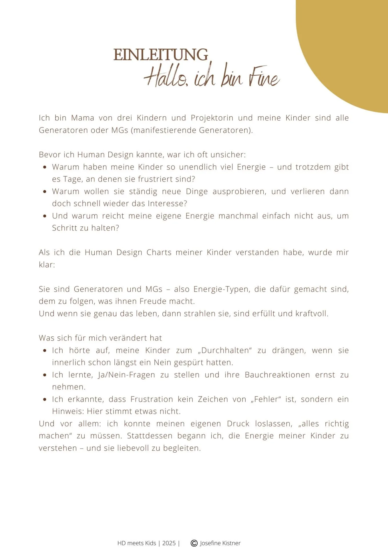 Einleitungsseite HD meets Kids mit Goldenem Kreis oben rechts, Überschrift und persönlicher Text der Autorin