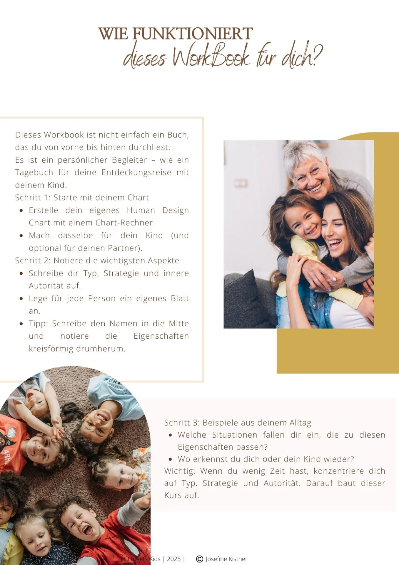 Erklärseite zum Funktionieren des Workbooks mit Schritt-für-Schritt Anleitung und Familienfotos