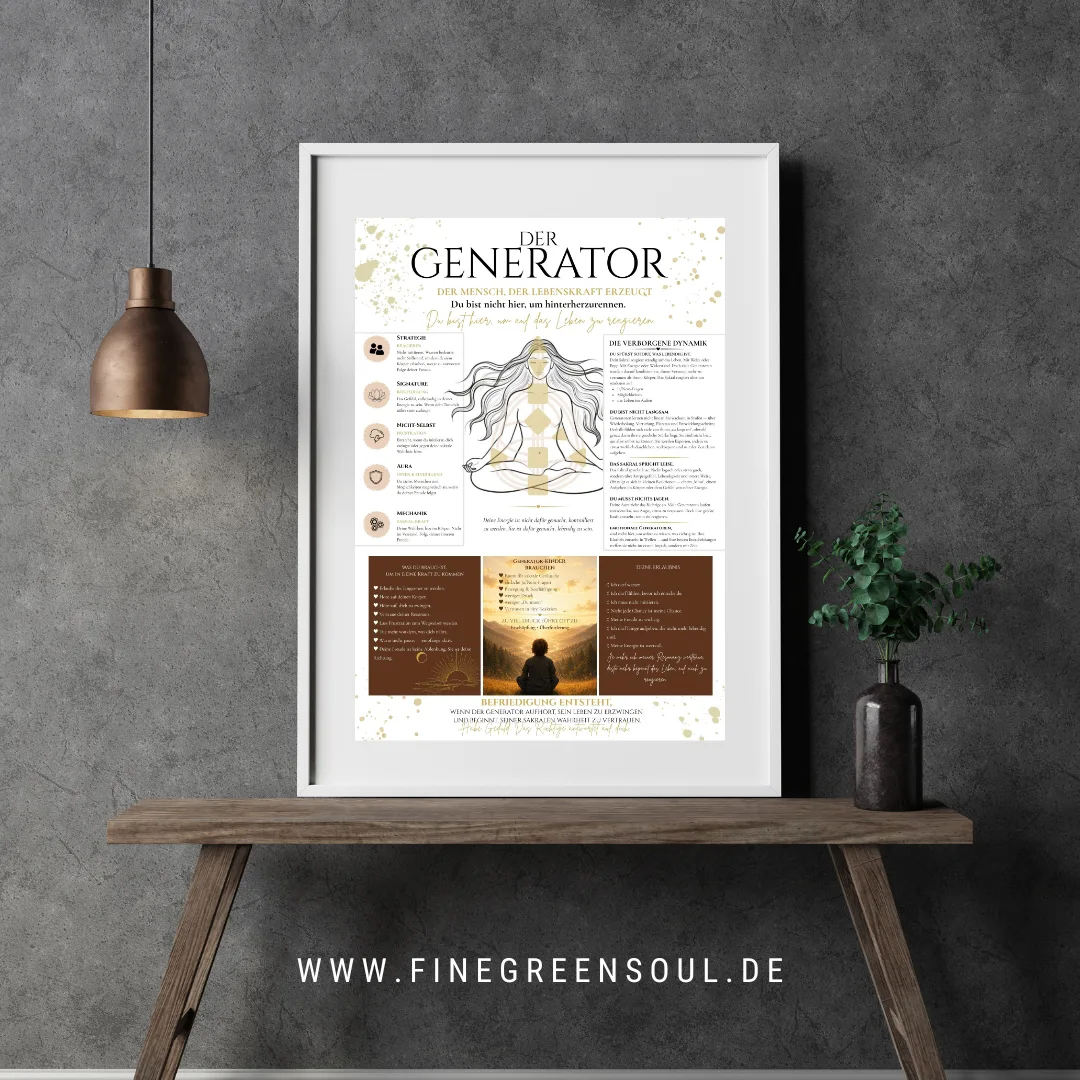 Der Generator Infografik Poster mit Frauenillustration und spirituellen Inhalten in Weiß- und Goldtönen