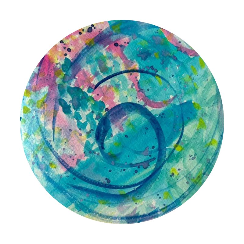 Rundes, intuitives Kunstwerk in Türkis-, Blau- und Rosatönen – Symbol für Klarheit, Potenzialentfaltung und feinfühlige Coaching-Prozesse.