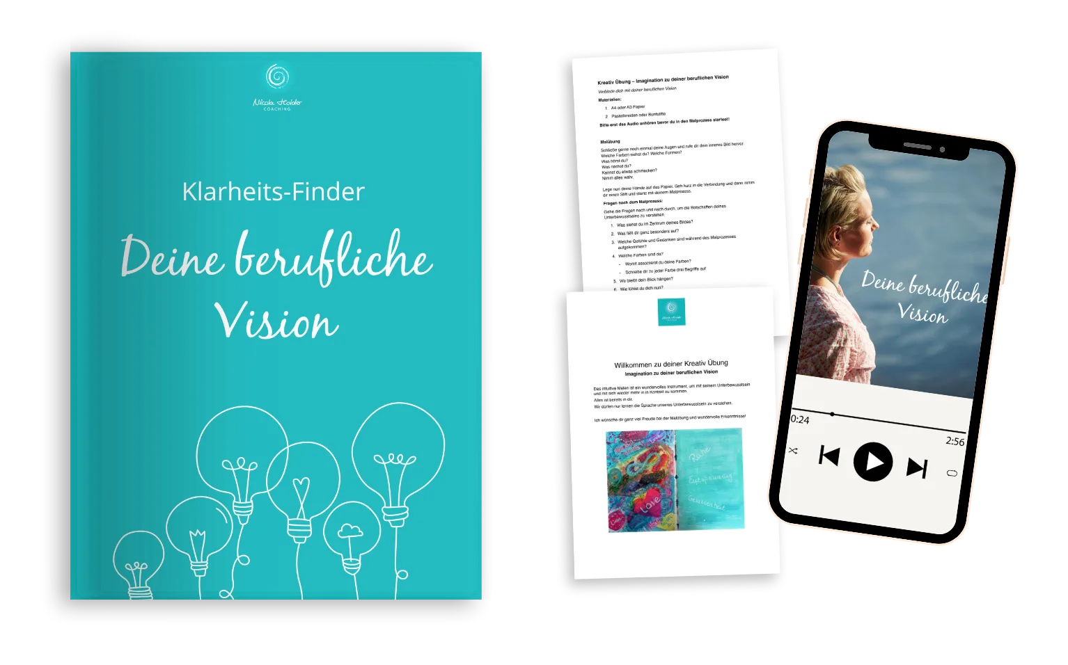 Human Design Reading Produktabbildung mit Buch, Workbook und Video-Player auf Smartphone