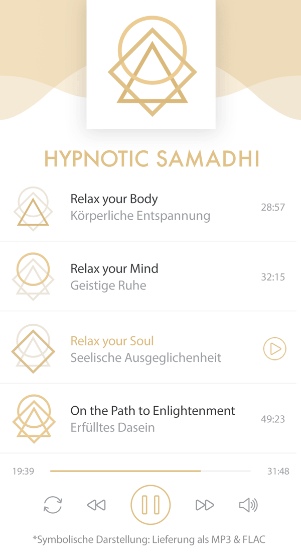 Hypnotic Samadhi Player Mockup mit goldenem Symbol und Tracklist auf Smartphone