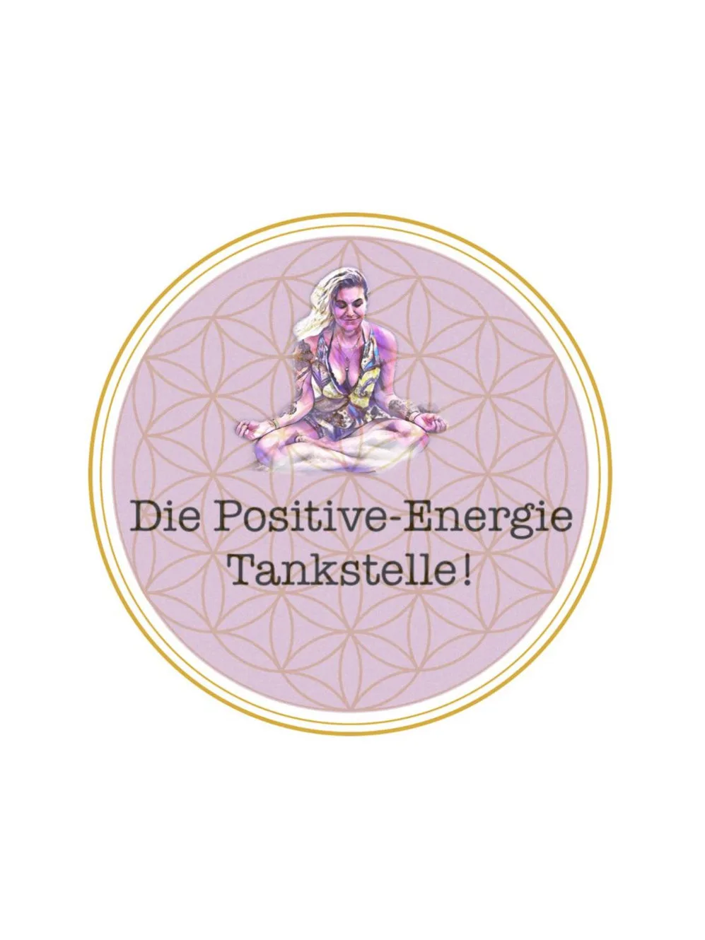 Rundes Logo mit Blume des Lebens Muster in Violett und Gold, Frau in Meditation, Text Die Positive-Energie Tankstelle