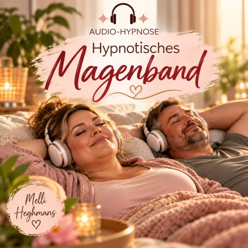 Cover Hypnotisches Magenband, Paar mit Kopfhörern auf Bett, Schriftzug Audio-Hypnose und Magenband in Rot, Name Melli Heghman