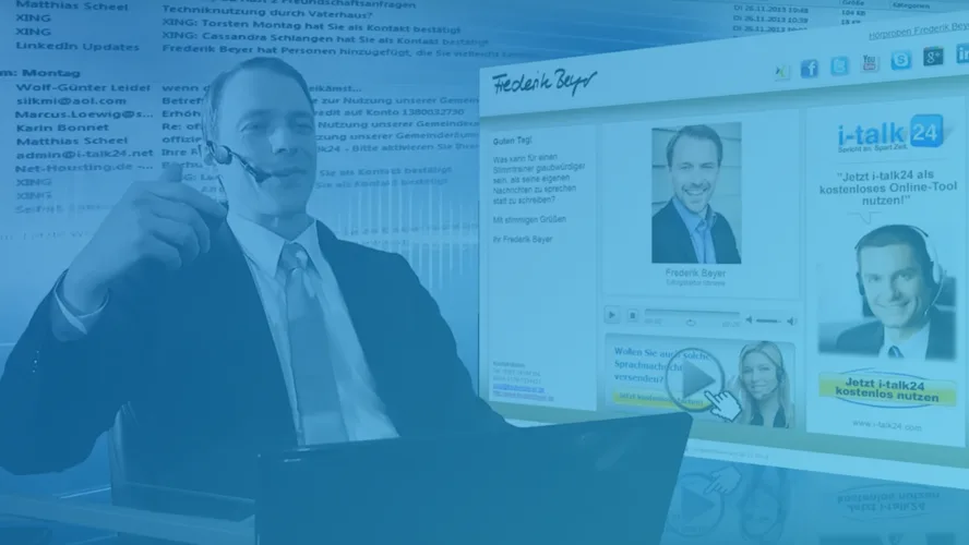 Geschäftsmann zeigt auf Website-Bildschirm mit i-talk24 Plattform und Benutzerprofilen